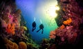 Couple of divers touring tropical reef