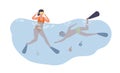 Couple diving and swimming underwater. Scene of summer vacation and activity. Flat vector cartoon illustration of scuba