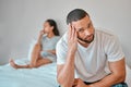 Couple, divorce and stress in home bedroom, fighting or argument. Portrait, anxiety and unhappy man and woman, sad and Royalty Free Stock Photo