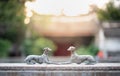 The Couple doc ciements sculpture decoration beside the pond in the Old Chinese hotel at the center of Bangkok Royalty Free Stock Photo