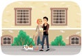 Couple with a dog walking together in the city park. Pet owners on a romantic date outdoors