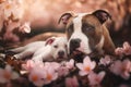 a couple of dogs laying next to each other on a bed of flowers