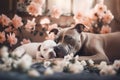 a couple of dogs laying on top of a bed of flowers