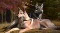 a couple of dogs laying on top of a dry grass field next to trees and bushes with red leaves on it\'s branches