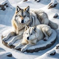 A couple of dogs laying on top of a snow covered ground. Beautiful picture of dogs.