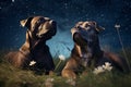 Couple of dogs sit at night in a field of grass and look up at the starry dark sky, space, dreams Royalty Free Stock Photo