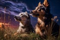 Couple of dogs sit at night in a field of grass and look up at the starry dark sky, space, dreams Royalty Free Stock Photo