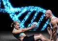 couple doing exercise blue lights dna chain Royalty Free Stock Photo