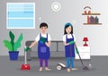 Happy couple woman man doing housework husband and wife cleaning the house vector illustration Royalty Free Stock Photo