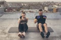 Couple doing punch crunches exercise