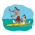 Couple doing Stand Up Paddling on Paddle Board on Water at Seaside.