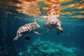 Couple dolphins swimming underwater. Generative AI