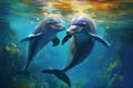 Couple dolphins swimming underwater. Generative AI
