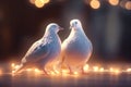 couple doves covered in glowing lights, in a wedding scene Ai generated