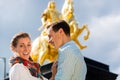 Couple in Dresden with Goldener Reiter statue Royalty Free Stock Photo