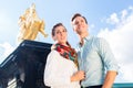 Couple in Dresden with Goldener Reiter statue Royalty Free Stock Photo