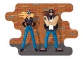 Couple dressed in black leather jackets, blue jeans and bandanas against a battered brick wall. Rocker subculture