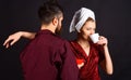 Couple drink coffee at morning. Husband and wife having breakfast. Relationship, love and romantic. Royalty Free Stock Photo