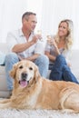 Couple drinking champagne with their dog in front of them Royalty Free Stock Photo