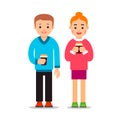 Couple drinking coffee. Young man and woman stand and have cups with hot beverage in hands and smile. Friendship beautiful happy Royalty Free Stock Photo