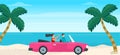 Couple Driving on Beach on Red Car on Summer Weekend Vector Illustration.