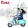 Couple driving scooter in Rome