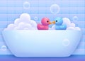 A couple of ducks swim in a bath with foam. Cute illustration.