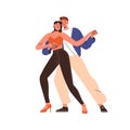 Couple, duet dancers performing bachata movements, moves. Modern happy young man and woman partners dancing, embracing