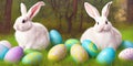 AI generated image of Couple of Easter bunnies with colorful painted Easter eggs on a green lawn near a forest Royalty Free Stock Photo