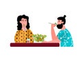 Couple eating food together - cartoon people sharing salad dish together