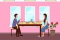 Couple is eating indian food. Characters in relationship are having date in the pink restaurant