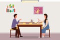 Couple is eating indian food. Characters in relationship are having date in their apartment