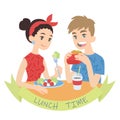 Couple eating. Vector illustration of multicultural pair in flat cartoon style on white background. European boy biting