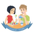 Couple eating. Vector illustration of multicultural pair in flat cartoon style on white background. European boy biting