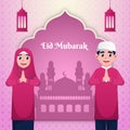 Couple eidul al fitr greeting template mubarak background vector cartoon