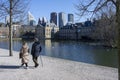 A couple of elderly lovers walking in front of Hofvijver - Dutch Parliament, Government and The Hague skykine reflection