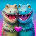 Couple of elderly multicolored crocodiles with hearts. AI generative