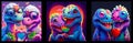 Couple of elderly multicolored dinosaurs with hearts. AI generative