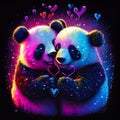 Couple of elderly multicolored pandas with hearts. AI generative