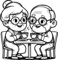 couple of elderly people having a nice time together drinking tea at a table vector drawing coloring book Royalty Free Stock Photo
