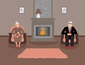 Couple elderly people is sitting by the fireplace in a beautiful cozy living room in brown and peach tones Royalty Free Stock Photo