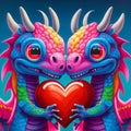 Couple of elderly multicolored dragons with heart. AI generative