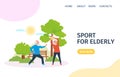 A couple of elderly spouses play sports in the Park. Landing page for design. Vector illustration in flat style.