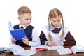 A couple of elementary school students sit at a desk