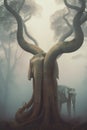 Surreal picture, a couple of elephants standing next to a tree. AI generative image.