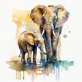 a couple of elephants that are standing in the water watercolor