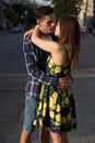 couple embracing against the background of the city, the road. urban romance Royalty Free Stock Photo