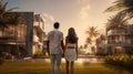 couple embracing in front of new big modern house, outdoor rear view back looking at their dream home Royalty Free Stock Photo