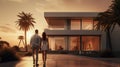 couple embracing in front of new big modern house, outdoor rear view back looking at their dream home Royalty Free Stock Photo