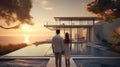 couple embracing in front of new big modern house, outdoor rear view back looking at their dream home Royalty Free Stock Photo